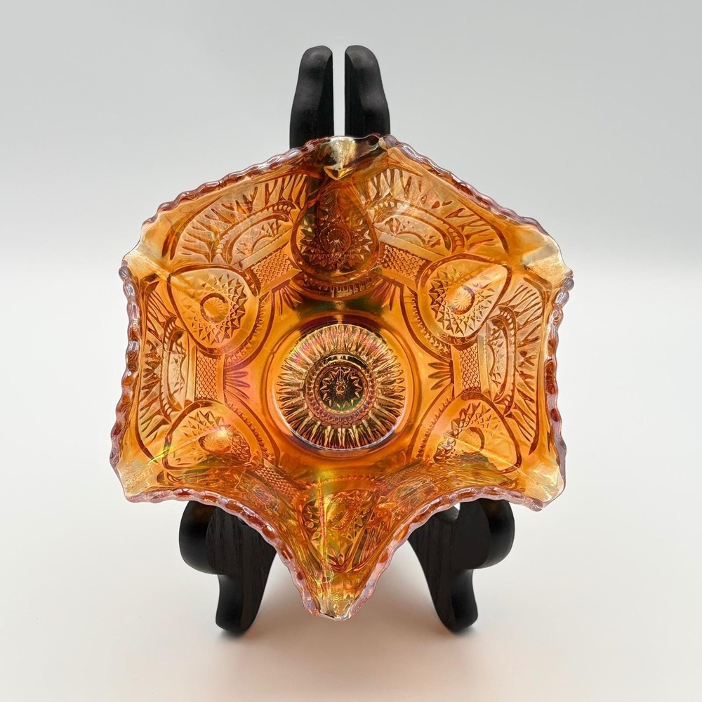 Antique Imperial Glass Hobstar & Arches Marigold Carnival Glass Ruffled Bowl